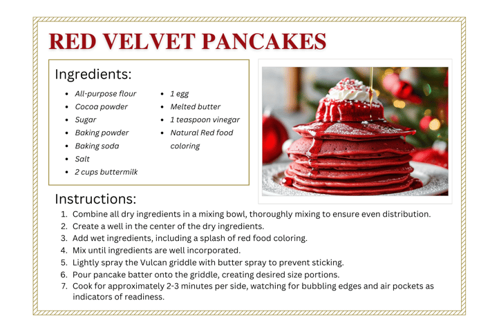 A recipe card with a red velvet pancake recipe that includes a picture of red velvet pancakes.